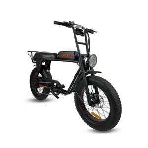 Front angled view of the Cruz73 Retro Fat Tyre Electric Bike 250W in black, featuring a long seat, large headlight, and rugged off-road tyres.
