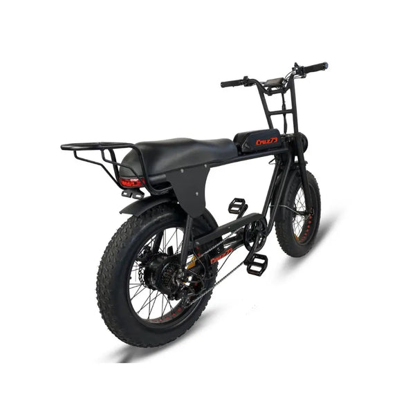 Rear angle view of the Cruz73 Retro Fat Tyre Electric Bike 250W with rear rack, black frame, and fat knobby tyres for off-road use.
