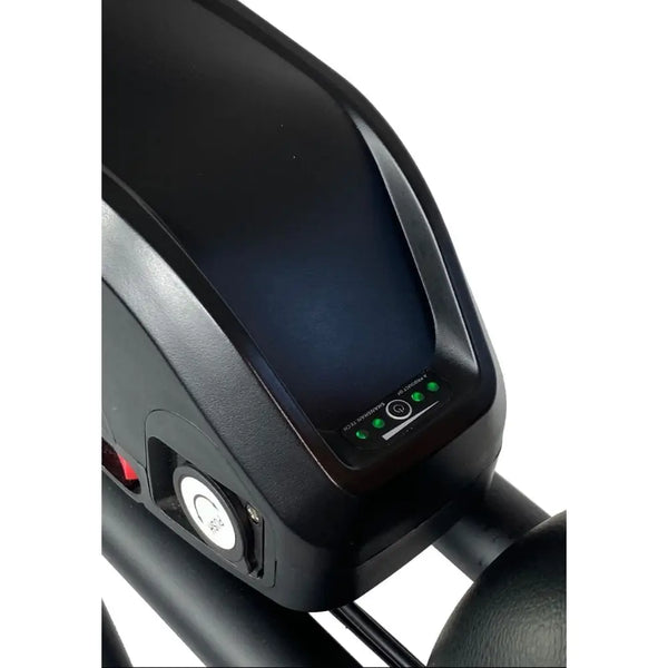 Close-up of the Cruz73 Unlimited Retro Fat Tyre electric bike battery pack with built-in power indicator lights.