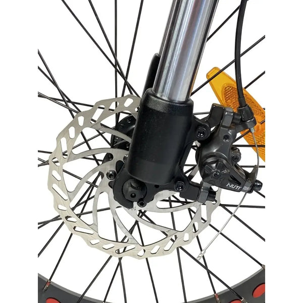 Close-up of the Cruz73 Unlimited Retro Fat Tyre 750W electric bike disc brake caliper attached to the front wheel.