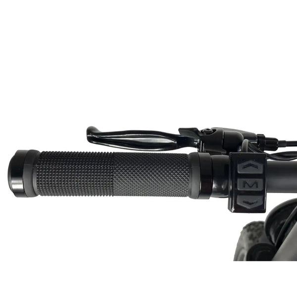 Close-up of the Cruz73 Unlimited Retro Fat Tyre 750W electric bike textured handle grip with control buttons.