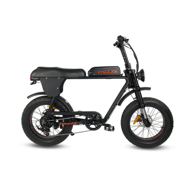 Left side view of the Cruz73 Unlimited Retro Fat Tyre 750W electric bike in black with thick off-road tyres.