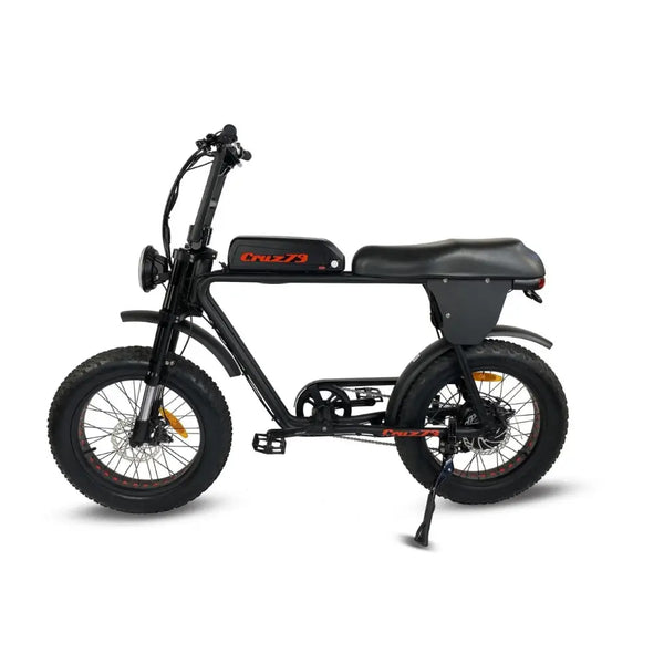 Left side view of the Cruz73 Unlimited Retro Fat Tyre 750W electric bike in black with thick off-road tyres.