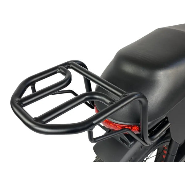 Black rear cargo rack fitted to the Cruz73 Unlimited Retro Fat Tyre Electric Bike.
