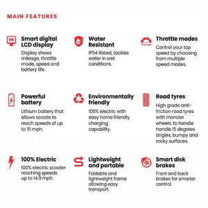 A list of some of the key features of the Cruzaa Commuta Electric Scooter 350W.
