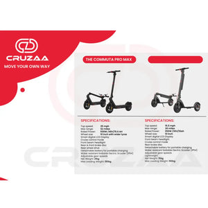 Technical specification infographic for the Cruzaa Commuta Pro Max, detailing the 500W motor, 62-mile range, and 25 mph top speed.