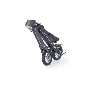 Studio view of the black Cruzaa E-Scooter Pro in its folded position, demonstrating its compact design for easy storage and portability.
