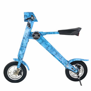 Rear angle studio view of the blue Cruzaa E-Scooter Pro, clearly displaying the unique 'K' frame shape and front disc brake.