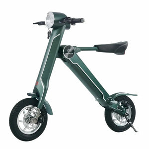 Front angle studio view of the green Cruzaa E-Scooter Pro, clearly displaying the unique 'K' frame shape and front disc brake.