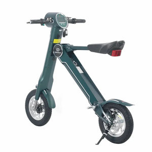 Rear angle studio view of the green Cruzaa E-Scooter Pro, clearly displaying the unique 'K' frame shape and front disc brake.
