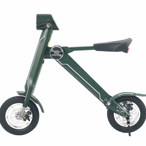 Side angle studio view of the green Cruzaa E-Scooter Pro, clearly displaying the unique 'K' frame shape and front disc brake.