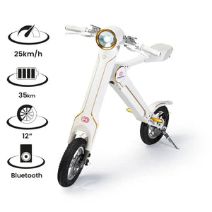 Infographic highlighting the key features of the Cruzaa E-Scooter Pro: 25km/h top speed, 35km battery range, 12-inch wheels, and Bluetooth speakers.