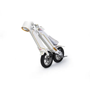 Studio view of the white Cruzaa E-Scooter Pro in its folded position, demonstrating its compact design for easy storage and portability.