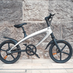 Side view of the silver Cruzaa e-bike leaning against a stone wall, displaying the sleek frame geometry, disc brakes, and rear mudguard.