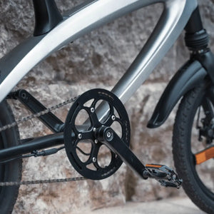 Detail shot of the black chainring and crankset on the Cruzaa electric bike, emphasising the clean and simple drivetrain design.