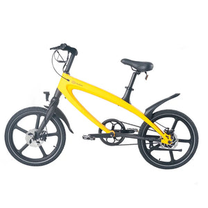 Side view of the bright yellow Cruzaa electric bike, showcasing its unique carbon-fibre style frame design and integrated technology.
