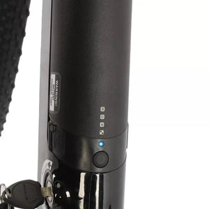 Close up of the Dallingridge Coniston V3 integrated 14Ah battery with LED charge indicator.
