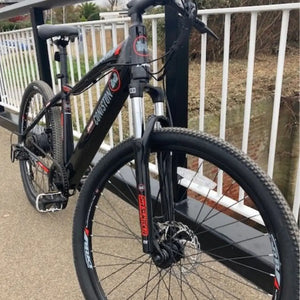 Front-angled view of the Dallingridge Coniston electric bike leaning against a bridge railing, highlighting the SR Suntour suspension fork and off-road tyres.