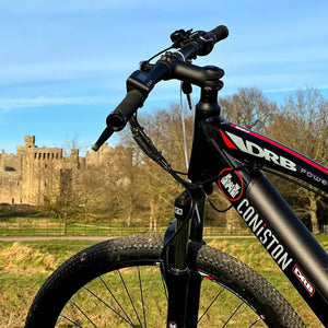 Rider's eye view of the Dallingridge Coniston handlebars showing the LCD display, gear shifter, and castle scenery in the distance.