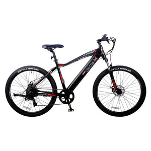 Side profile view of the black Dallingridge Coniston electric mountain bike against a white background, showing the hardtail frame and CST all-terrain tyres.
