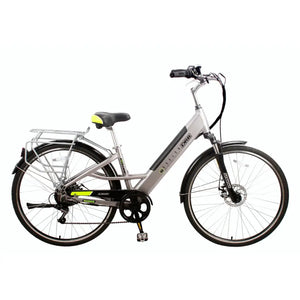 Full side profile of the silver Dallingridge Harlow step-through hybrid electric bike with a rear rack and 250W motor against a white background.