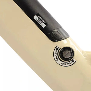 Close up of the Dallingridge Harlow V3 integrated battery lock and charging port on cream frame.