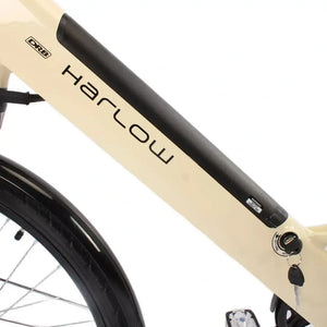 Close up of the Dallingridge Harlow V3 step through frame with integrated battery and front suspension.