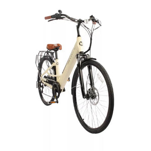 Cream Dallingridge Harlow V3 electric bike shown from front angle with step through frame and rear rack.