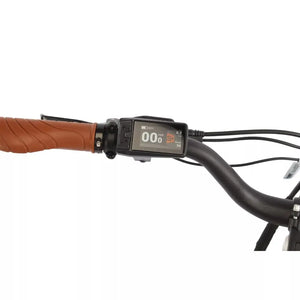 Close up of the Dallingridge Harlow V3 handlebar display with brown comfort grips and LCD screen.