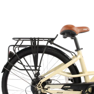 Rear section of the Dallingridge Harlow V3 electric bike with black cargo rack and brown saddle.