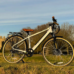 Front-angled view of the Dallingridge Malvern electric bike in a park setting, highlighting the front suspension fork, disc brakes, and classic tan-wall tyres.