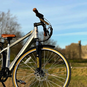 Low-angle front view of the Dallingridge Malvern electric bike showcasing the handlebars, front tyre, and silver frame in a grassy park setting.