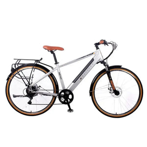 Full studio side profile of the silver Dallingridge Malvern hybrid electric bike with rear rack and mudguards against a plain white background.