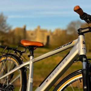Side profile of the silver Dallingridge Malvern hybrid electric bike parked on grass, highlighting the step-over frame and rear rack.