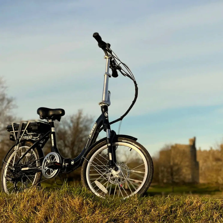 Close-up of the black low step-through frame on the Dallingridge Oxford e-bike showing the white DRB branding.