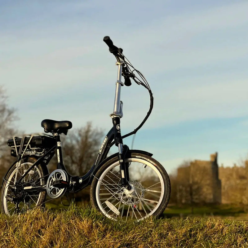 Close-up of the black low step-through frame on the Dallingridge Oxford e-bike showing the white DRB branding.