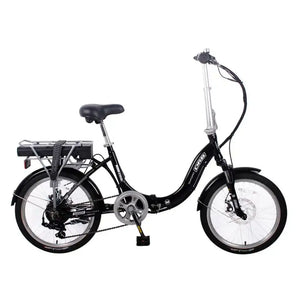 Side view of the black Dallingridge Oxford folding electric bike with 250W motor, 20-inch wheels, and rear rack battery against a white background.