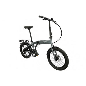 Side angle view of Dawes Arc electric folding bike in grey, equipped with rear rack and fenders.