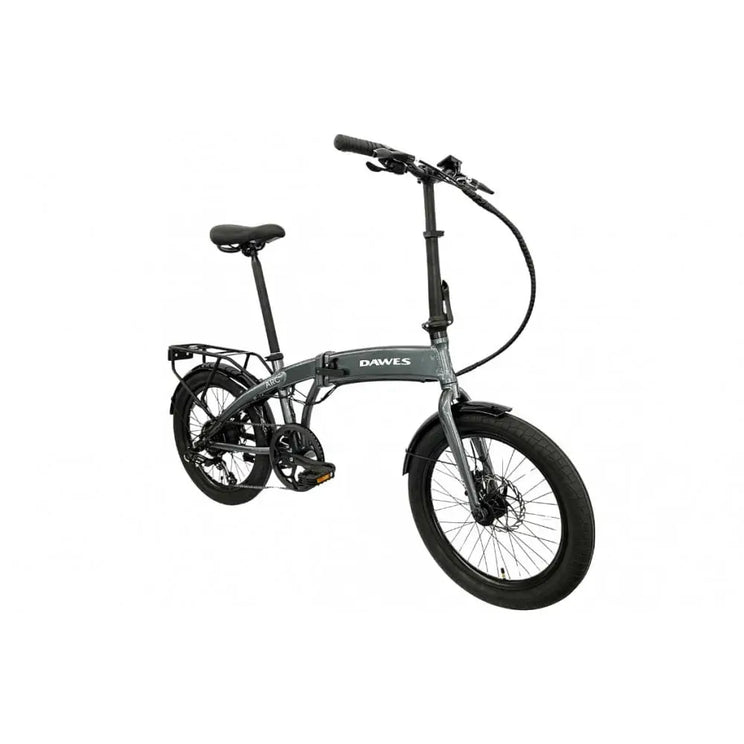 Side angle view of Dawes Arc electric folding bike in grey, equipped with rear rack and fenders.