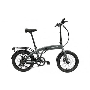 Full side angle view of Dawes Arc electric folding bike in grey, equipped with rear rack and fenders.