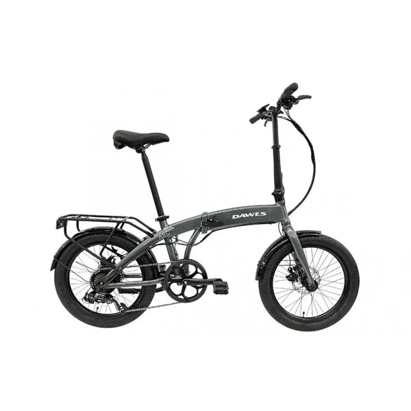 Full side angle view of Dawes Arc electric folding bike in grey, equipped with rear rack and fenders.