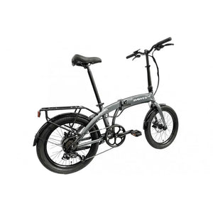 Rear angled view of Dawes Arc electric folding bike in grey, equipped with rear rack and fenders.