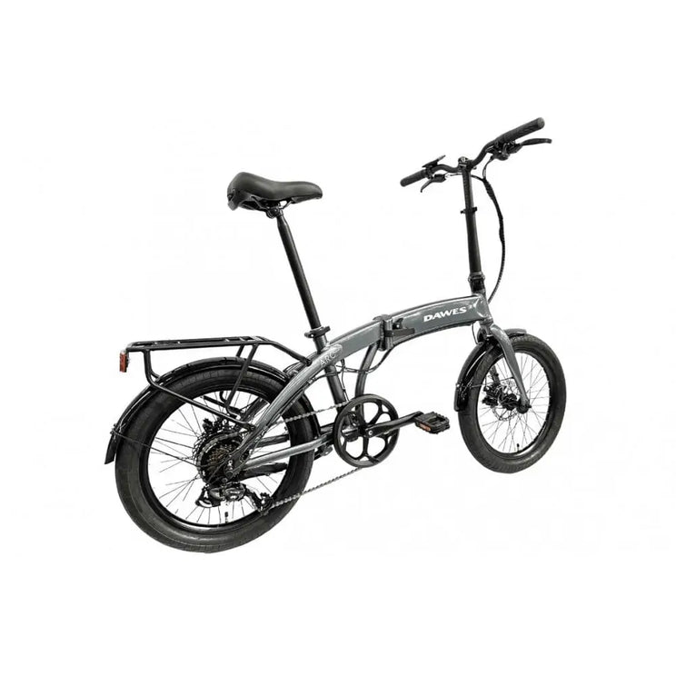 Rear angled view of Dawes Arc electric folding bike in grey, equipped with rear rack and fenders.