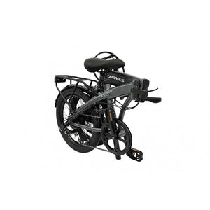 Dawes Arc electric folding bike in grey, folded for compact storage and easy transport.