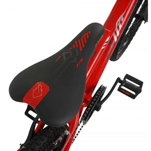 Detail of the black and red saddle and lightweight aluminum frame on the Dawes Bullet HT 20-inch bicycle.
