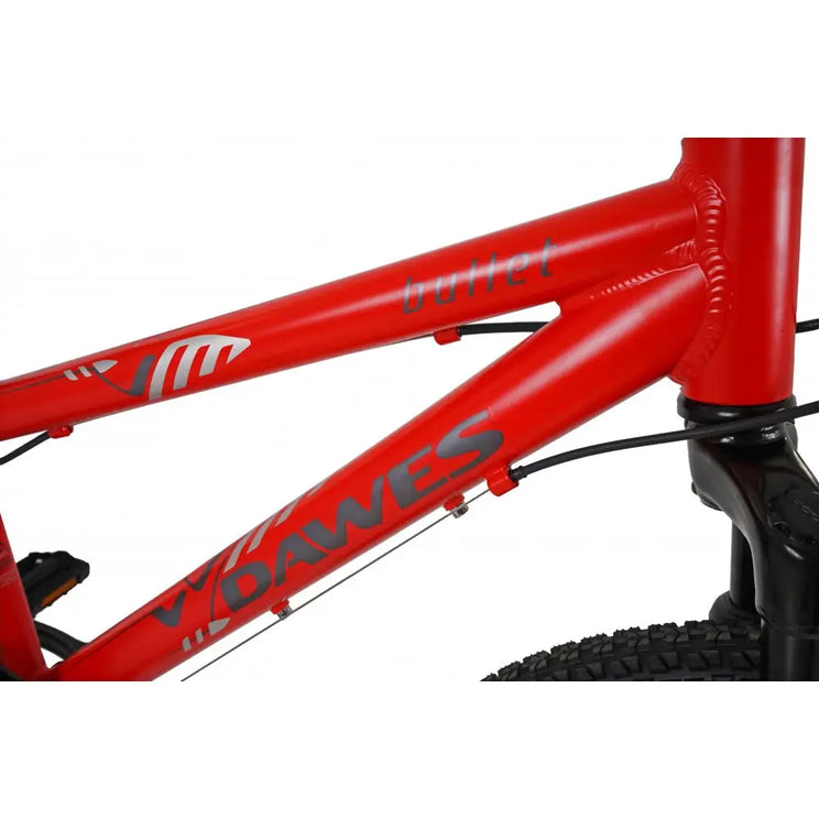 Close-up of the Dawes and Bullet logos on the red aluminum frame of the kids' bike.