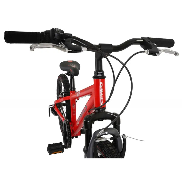 Front view of the handlebars, brake levers, and gear shifter on the Dawes Bullet HT 20-inch bike.