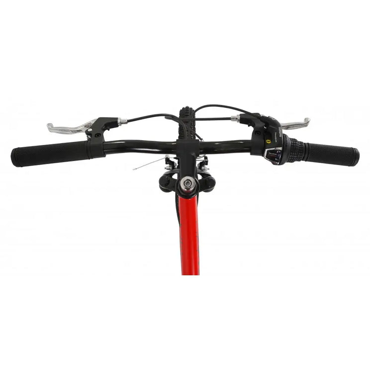 Top-down view of the handlebars, brake levers, and gear shifter on the Dawes Bullet HT 20-inch bike.