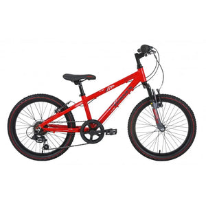 Full side view of the red Dawes Bullet HT 20-inch kids' mountain bike.