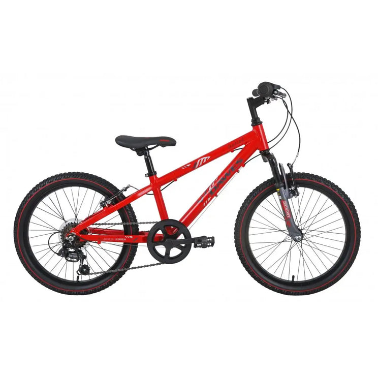 Full side view of the red Dawes Bullet HT 20-inch kids' mountain bike.
